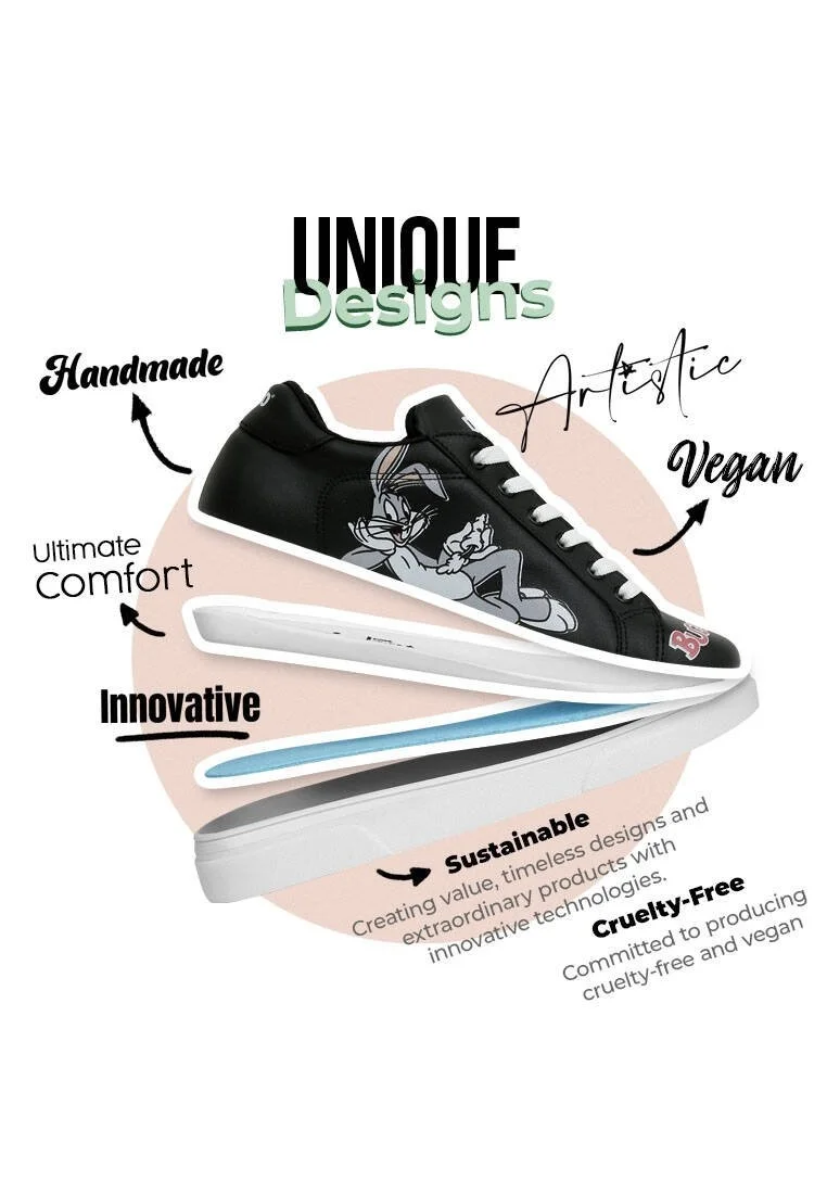 Women Vegan Leather Black Sneakers - Warner Bros What's Up Doc? Bugs Bunny Design