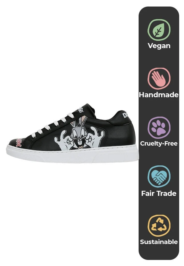 Women Vegan Leather Black Sneakers - Warner Bros What's Up Doc? Bugs Bunny Design
