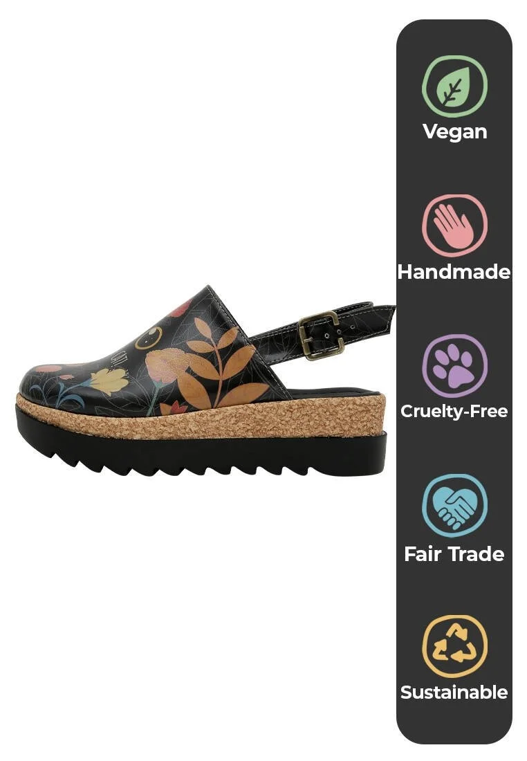 Women Vegan Leather Black Wedge Sandals - Find the Cat Design