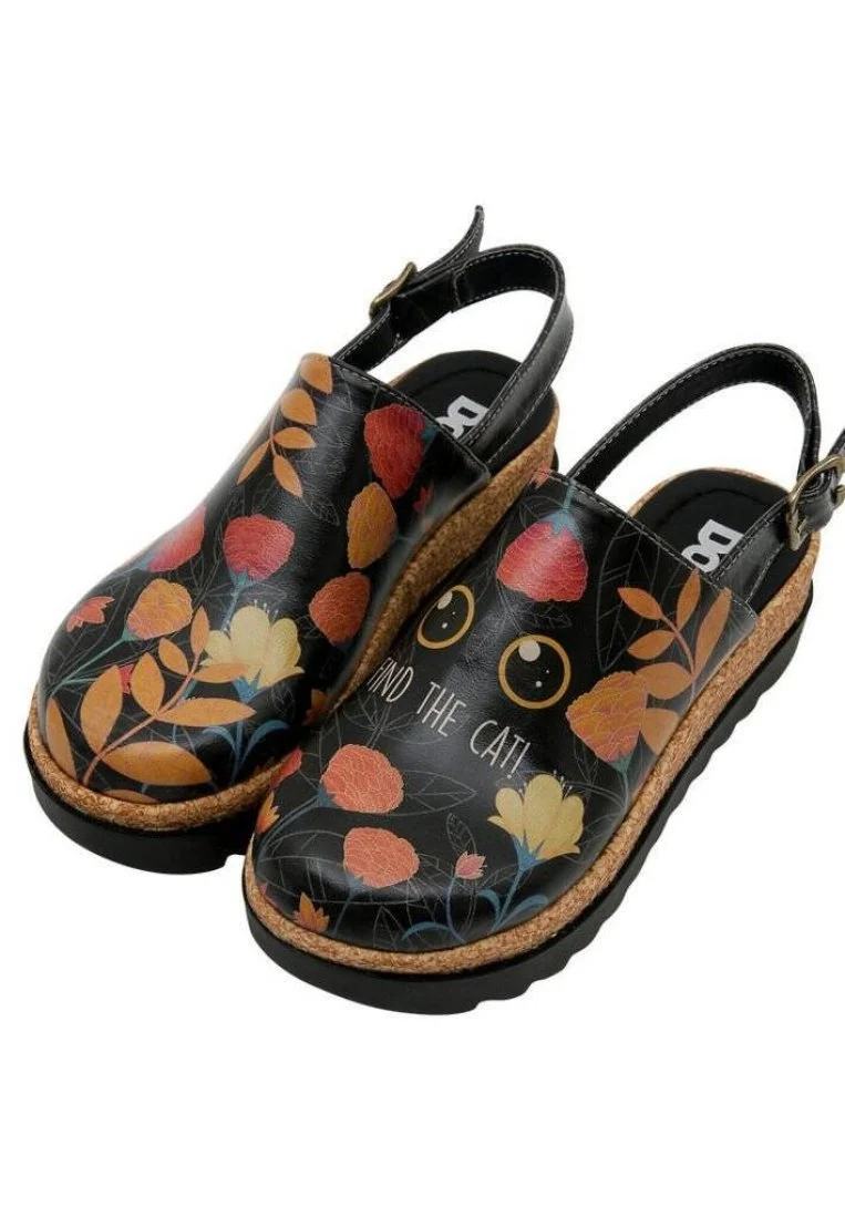 Women Vegan Leather Black Wedge Sandals - Find the Cat Design