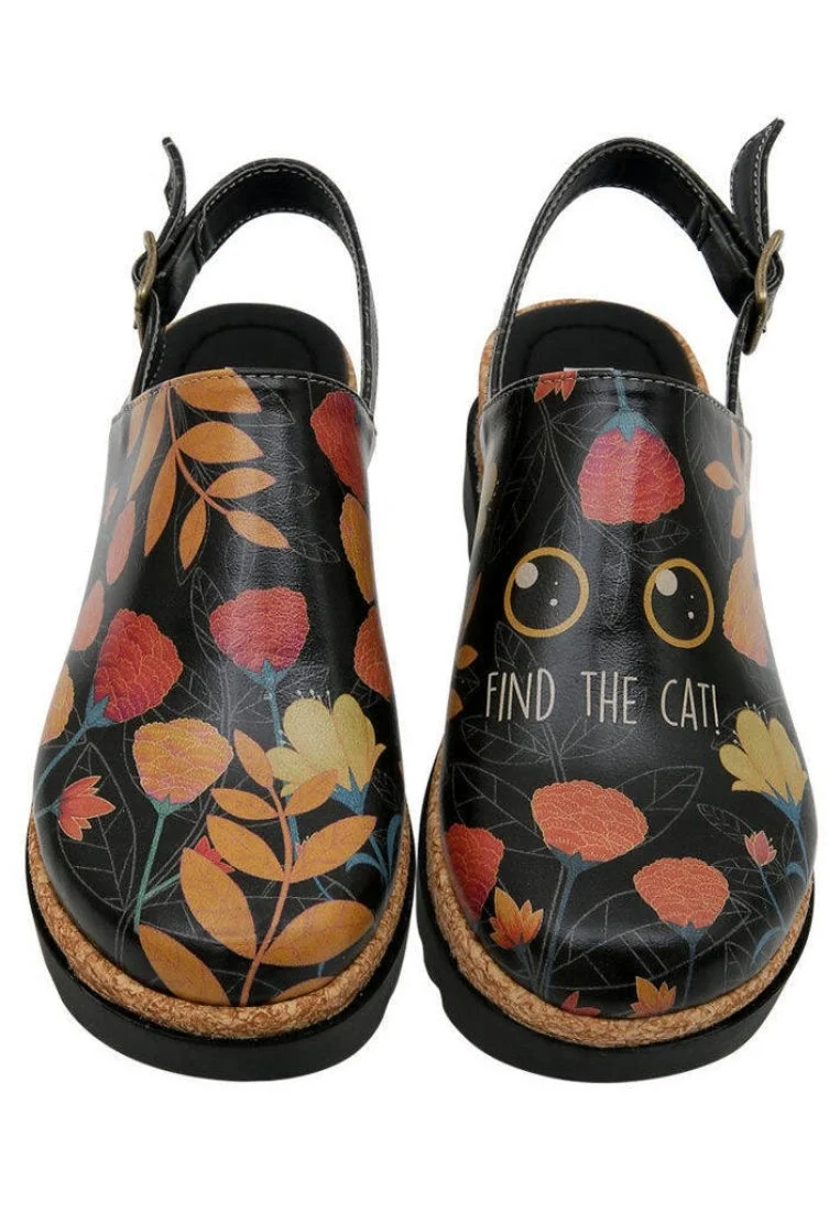 Women Vegan Leather Black Wedge Sandals - Find the Cat Design