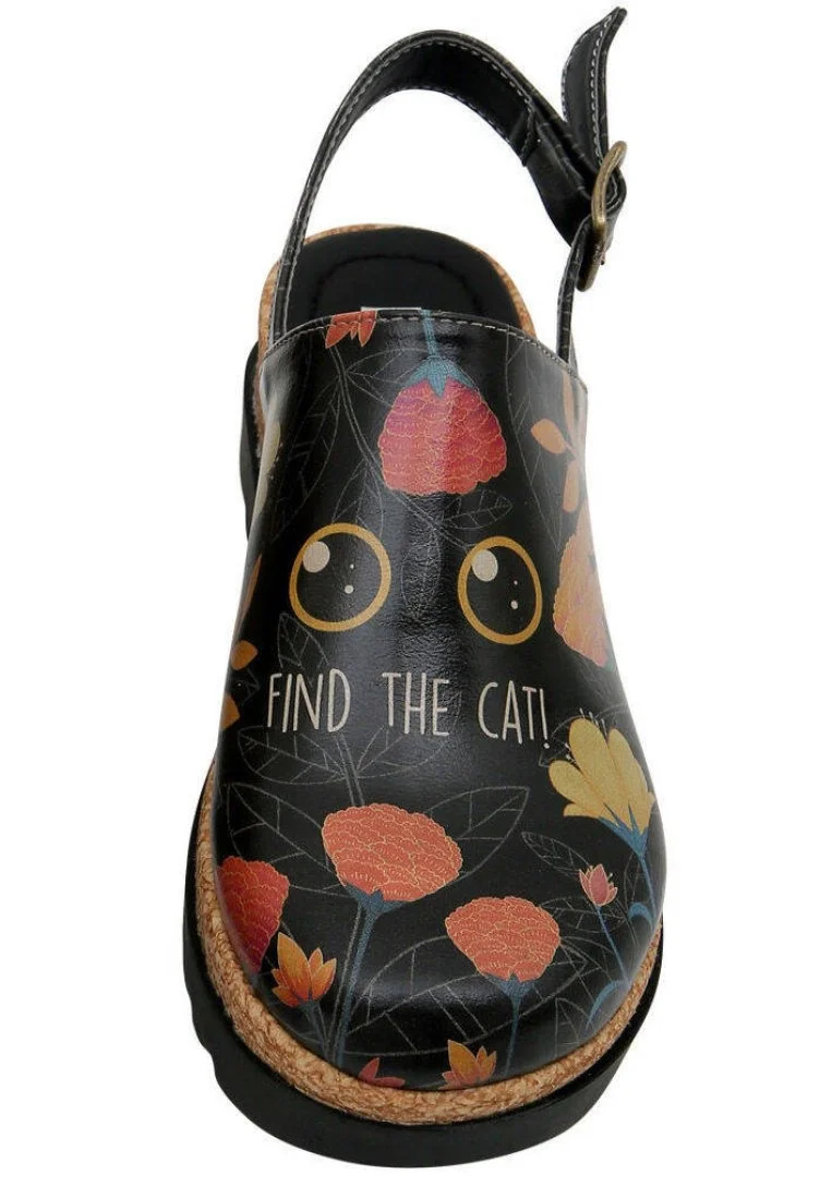 Women Vegan Leather Black Wedge Sandals - Find the Cat Design