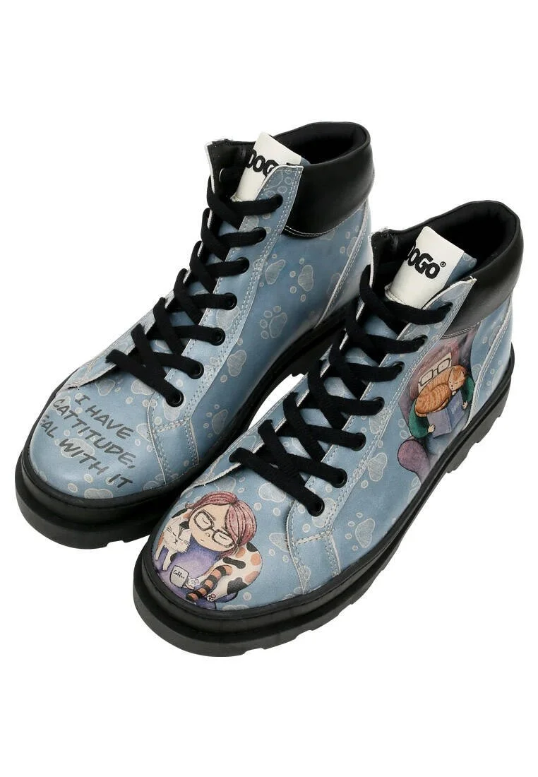 Women Vegan Leather Blue Boots - I Have Cattitude Design