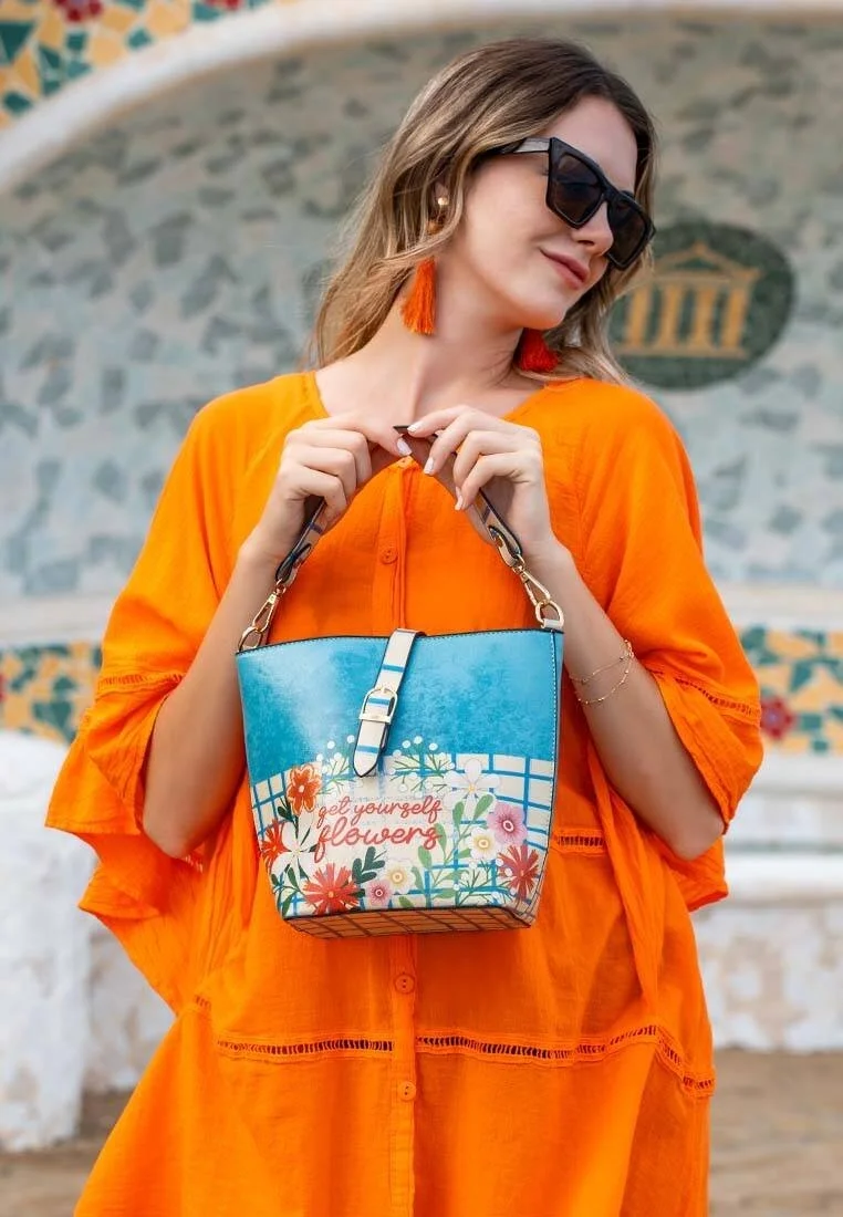 Women Vegan Leather Blue Handbag - Get Yourself Flowers Design