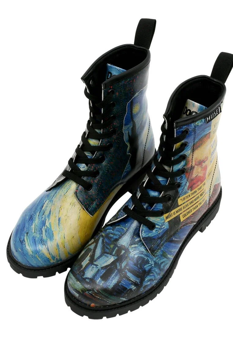 Women Vegan Leather Blue Long Boots - Vincent van Gogh The Starry Night Collage Muse Design