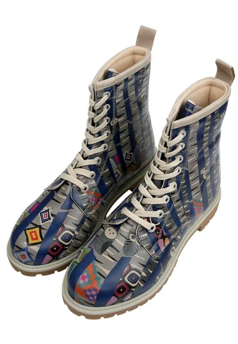 Women Vegan Leather Blue Long Boots - Owl Gang Design