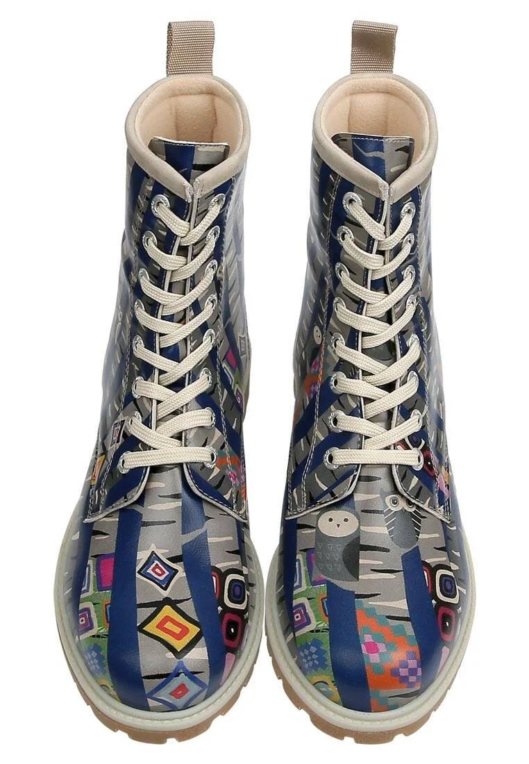 Women Vegan Leather Blue Long Boots - Owl Gang Design