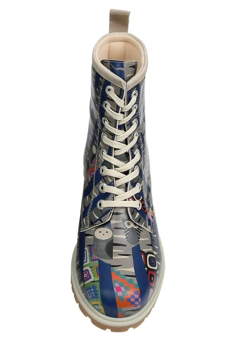 Women Vegan Leather Blue Long Boots - Owl Gang Design