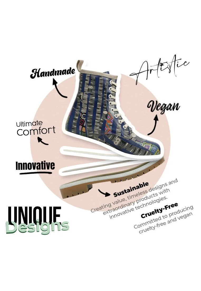 Women Vegan Leather Blue Long Boots - Owl Gang Design