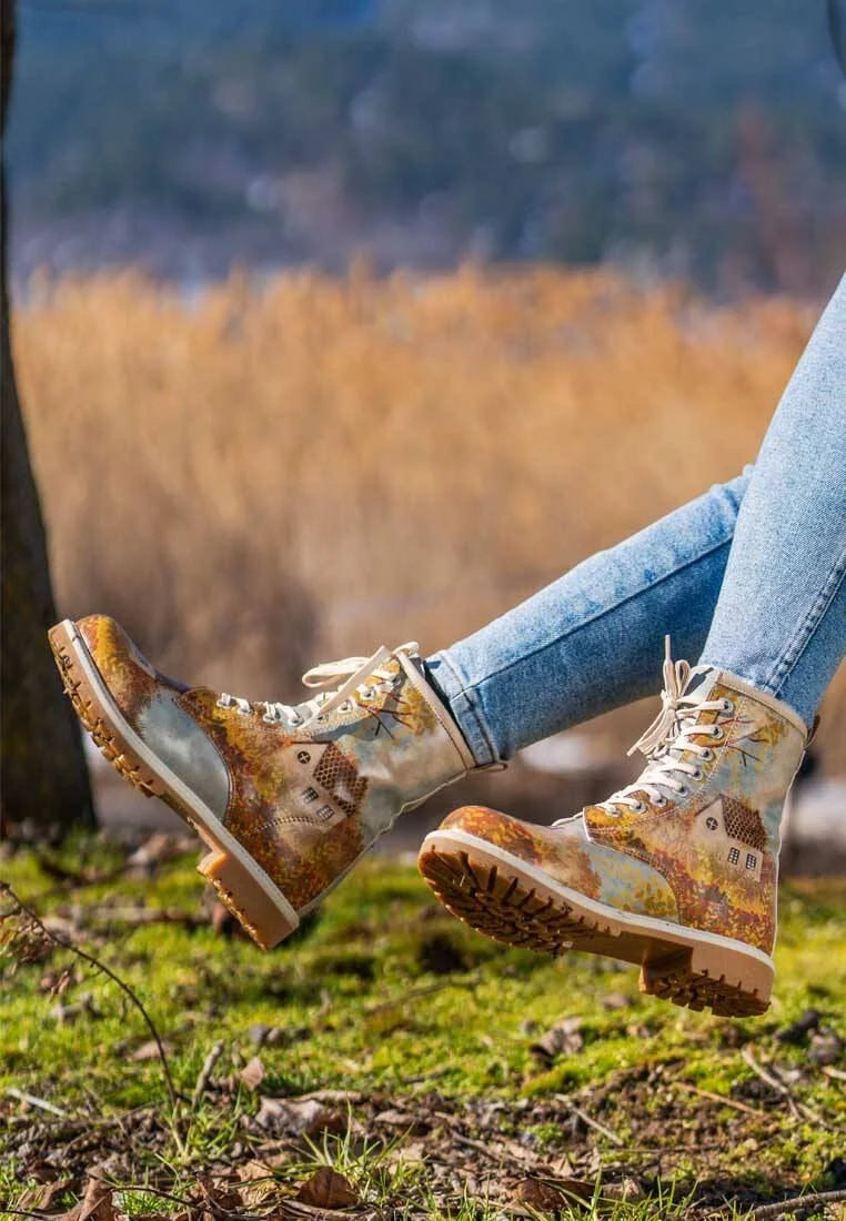 Women Vegan Leather Blue Long Boots - Leaves of Change Design