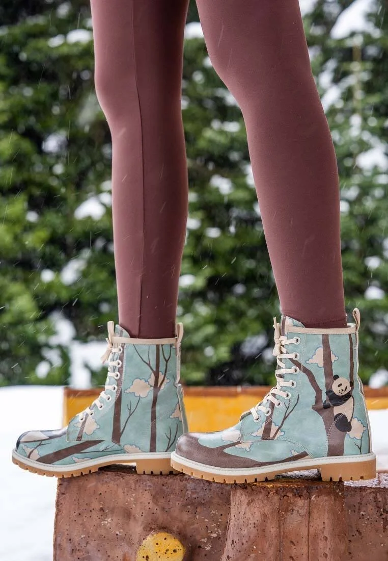 Women Vegan Leather Blue Long Boots - Panda Hug Design