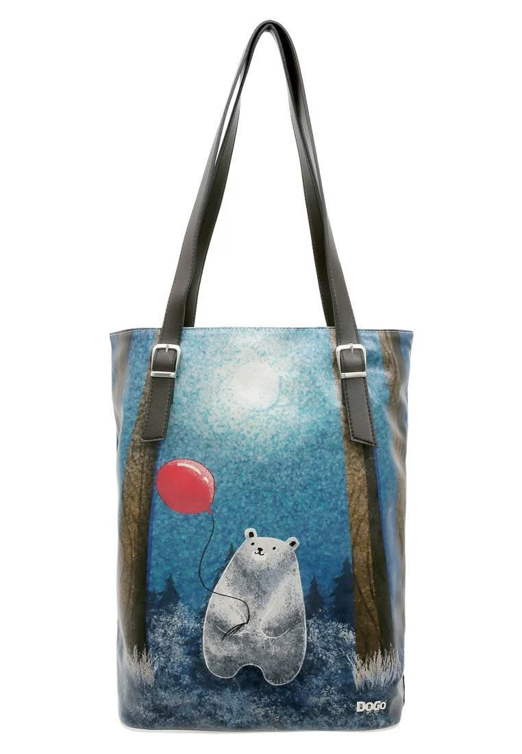 Women Vegan Leather Blue Shoulder Bag - Bear With A Balloon Design