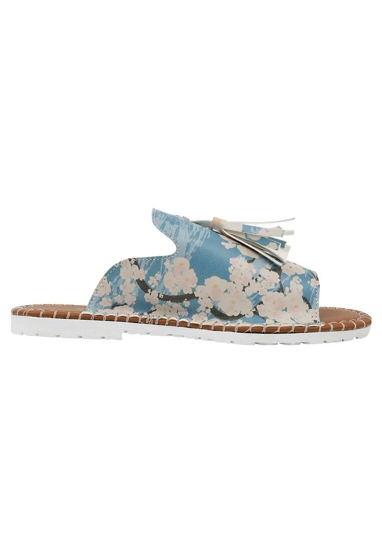 Women Vegan Leather Blue Slippers - Bloom Where You Are Planted Design