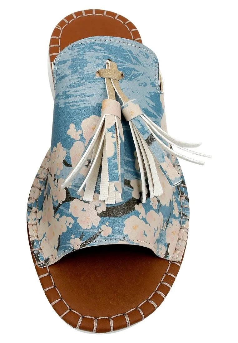 Women Vegan Leather Blue Slippers - Bloom Where You Are Planted Design
