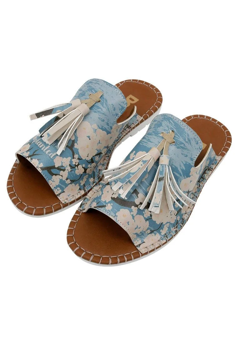 Women Vegan Leather Blue Slippers - Bloom Where You Are Planted Design