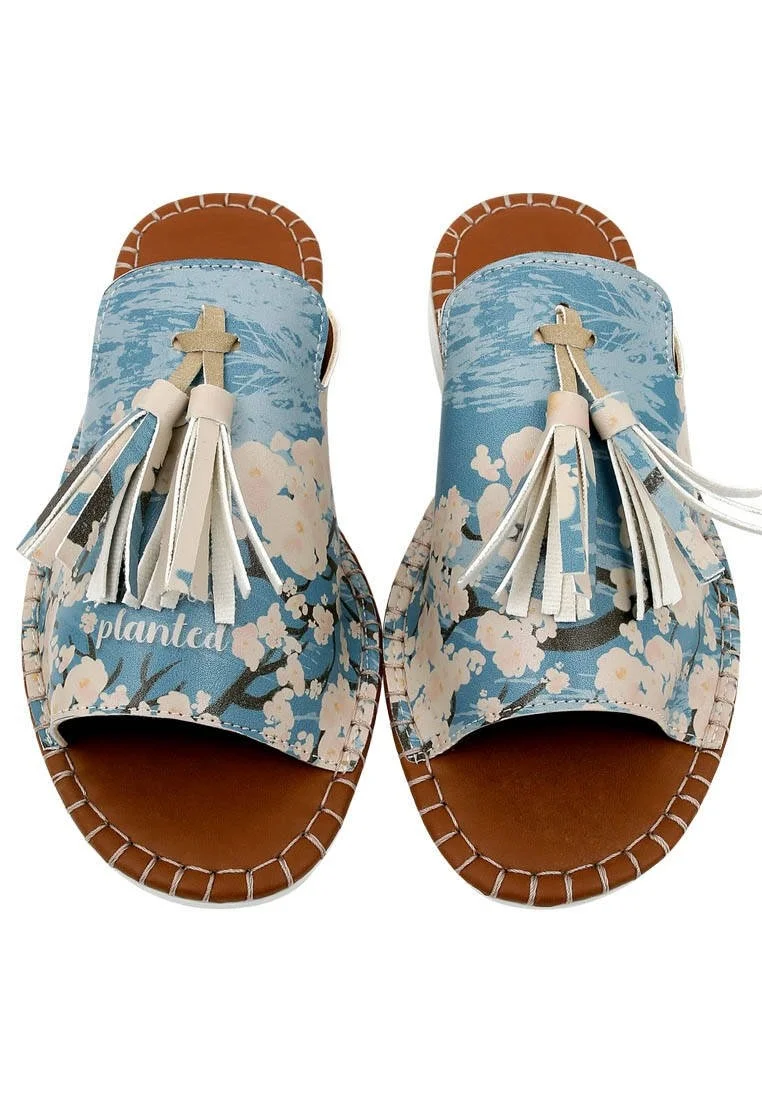 Women Vegan Leather Blue Slippers - Bloom Where You Are Planted Design