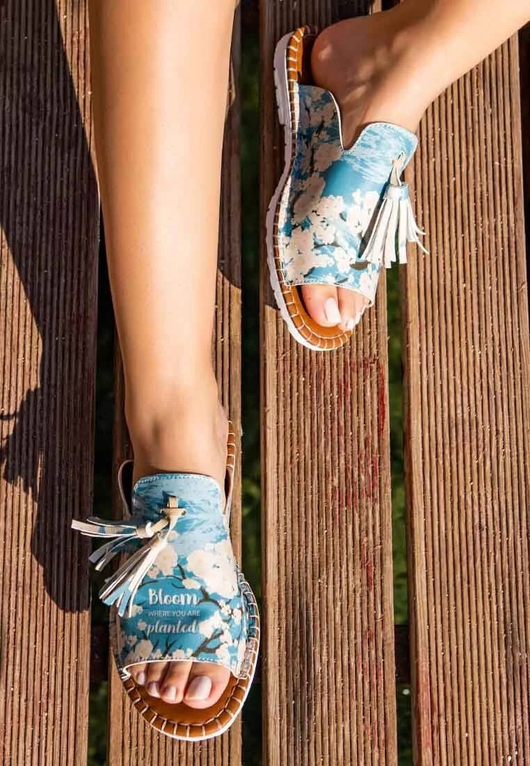 Women Vegan Leather Blue Slippers - Bloom Where You Are Planted Design
