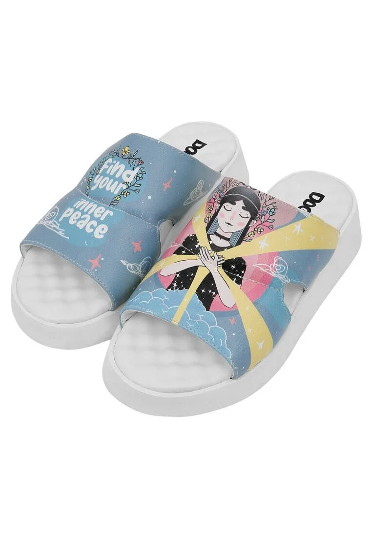 Women Vegan Leather Blue Slippers - Find Your Inner Peace Design