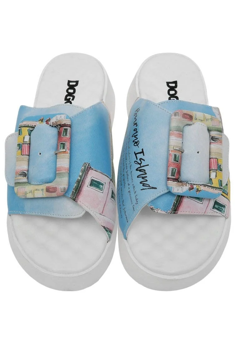 Women Vegan Leather Blue Slippers - Burano Island Design