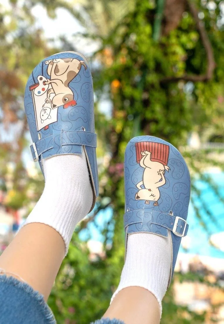 Women Vegan Leather Blue Slippers - Draw Me Design