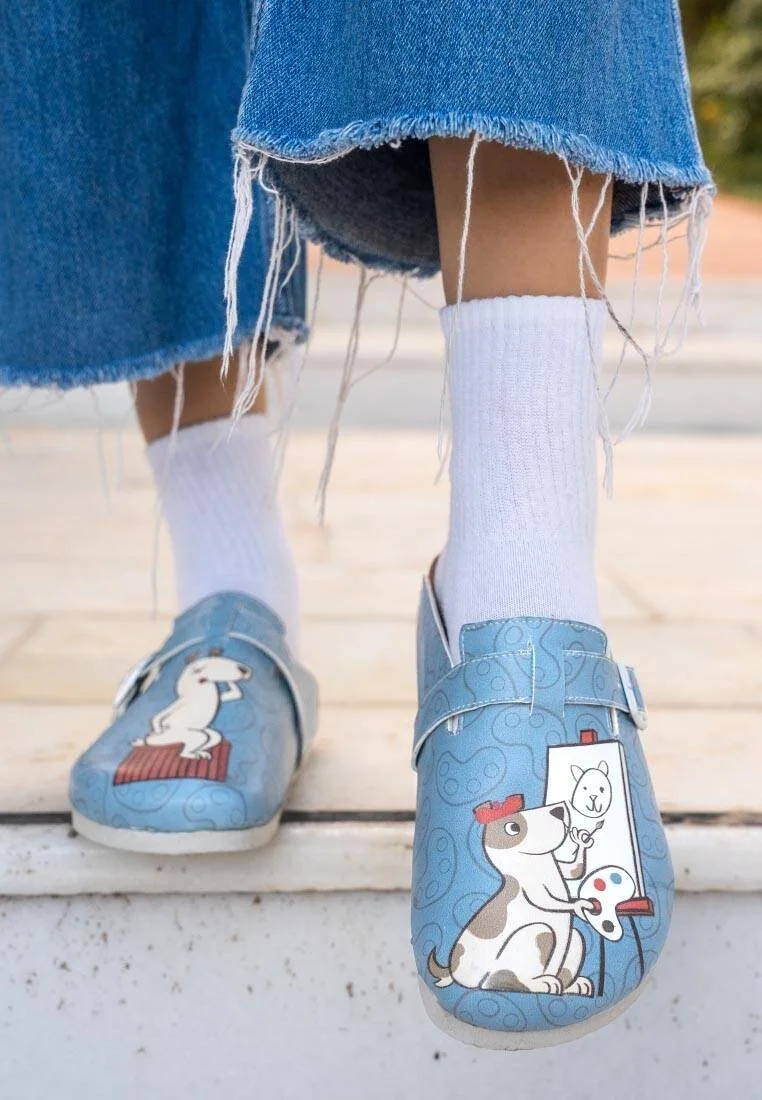 Women Vegan Leather Blue Slippers - Draw Me Design