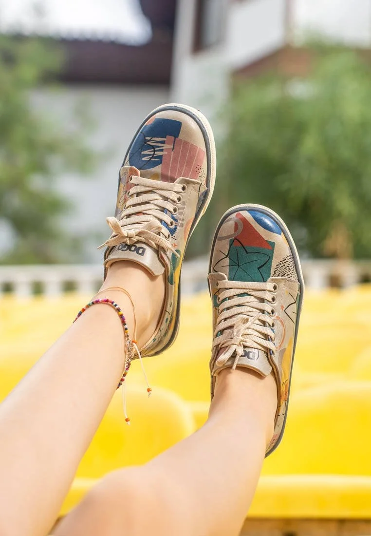 Women Vegan Leather Blue Sneakers - Abstract Leaves Design