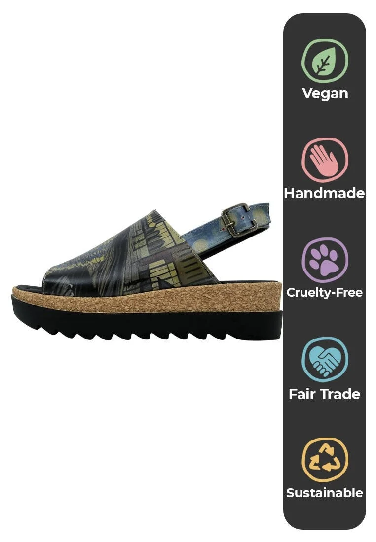 Women Vegan Leather Blue Wedge Sandals - Sea Sparkles Design