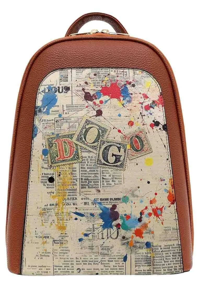 Women Vegan Leather Brown Backpack - Dogo Stamp Design