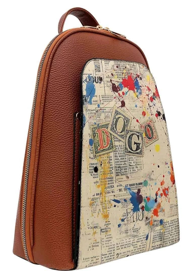 Women Vegan Leather Brown Backpack - Dogo Stamp Design