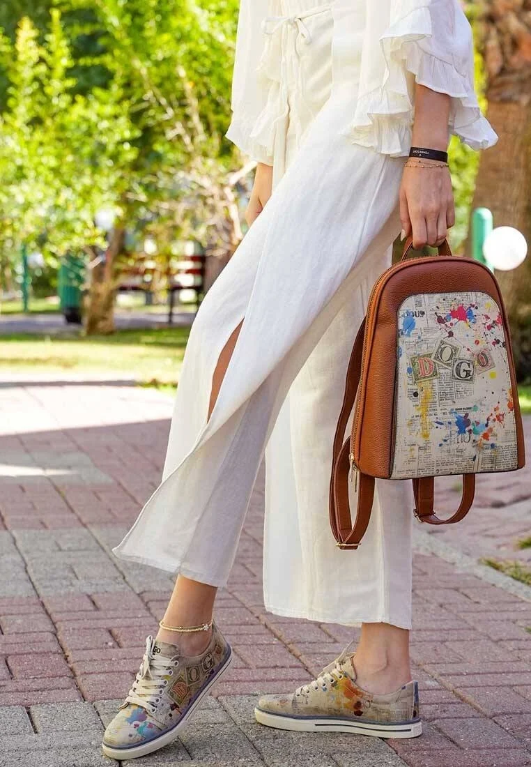 Women Vegan Leather Brown Backpack - Dogo Stamp Design