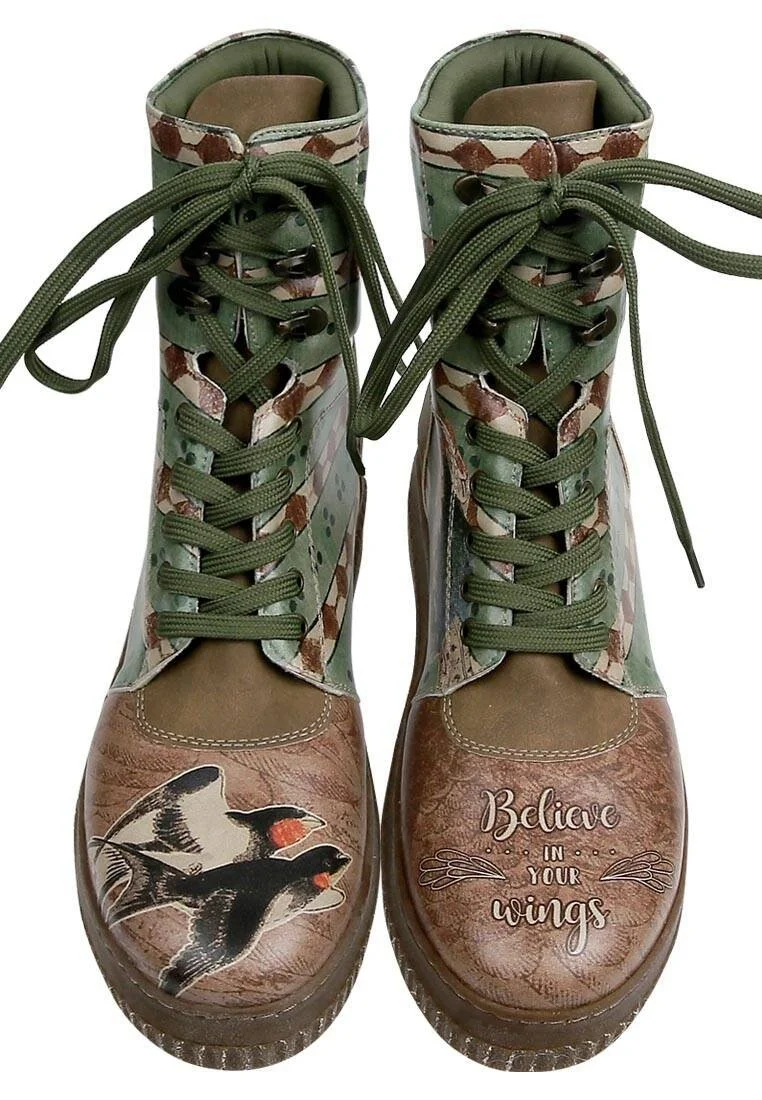 Women Vegan Leather Brown Long Boots - Believe in Your Wings Design