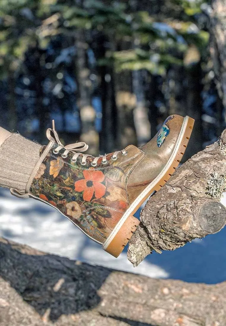 Women Vegan Leather Brown Long Boots - Still Life Butterflies Design