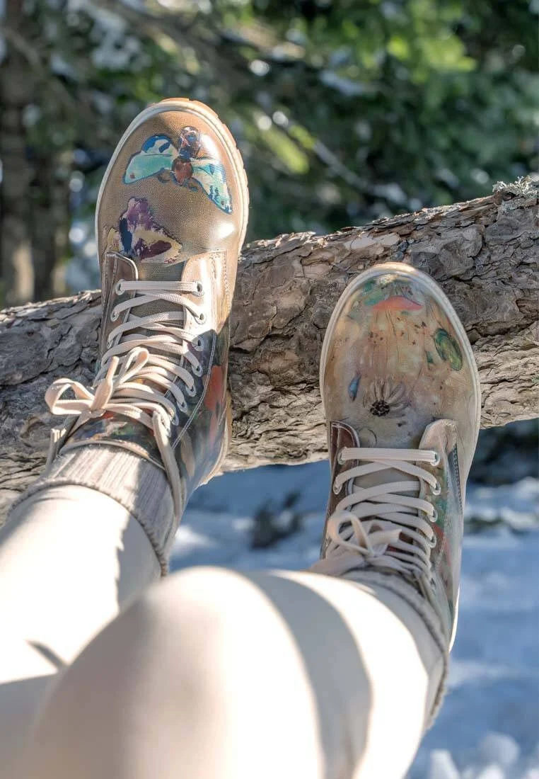 Women Vegan Leather Brown Long Boots - Still Life Butterflies Design