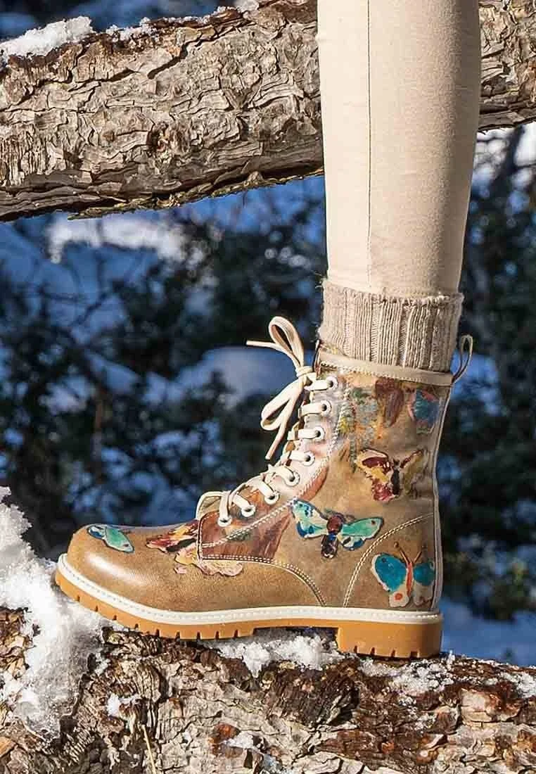 Women Vegan Leather Brown Long Boots - Still Life Butterflies Design