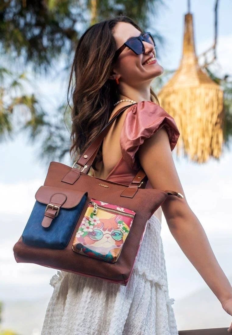 Women Vegan Leather Brown Shoulder Bag - Cat of Grace Design