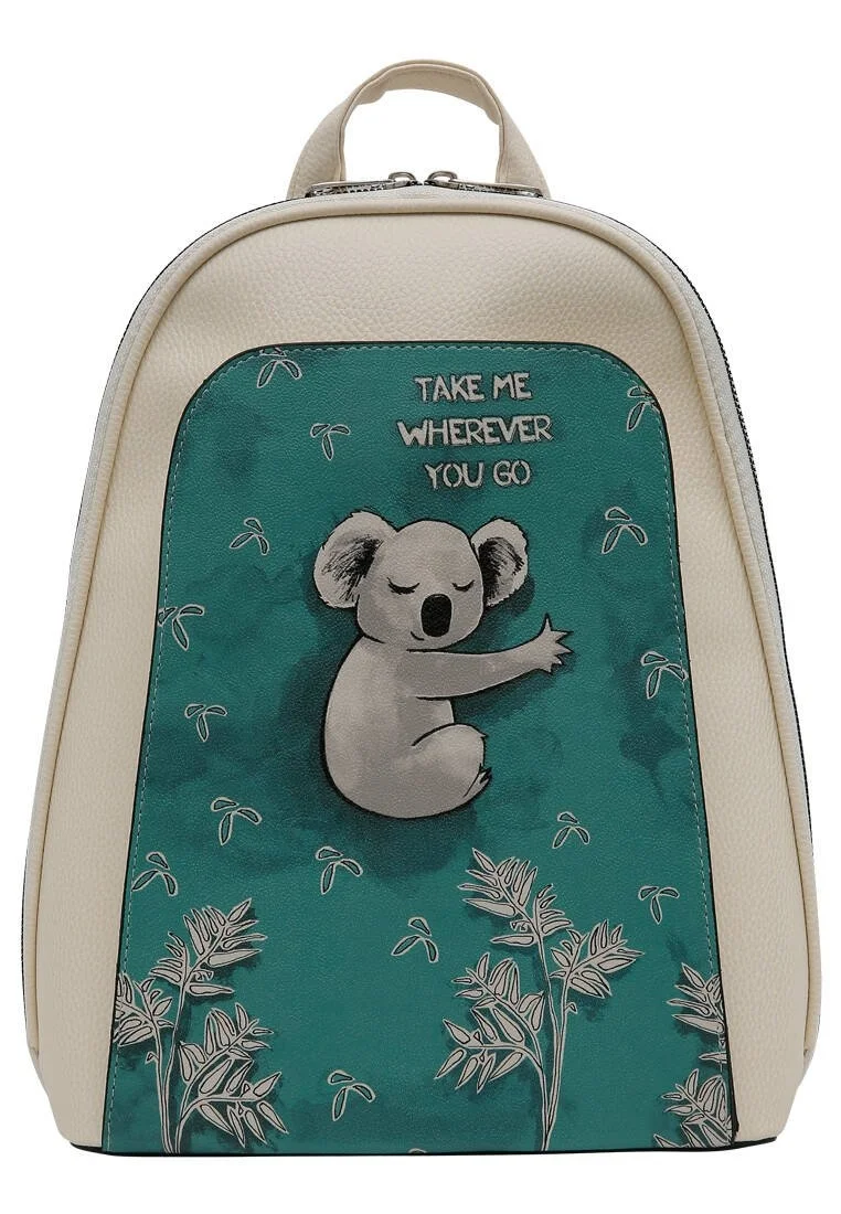 Women Vegan Leather Cream Backpack - Koala Hug Design