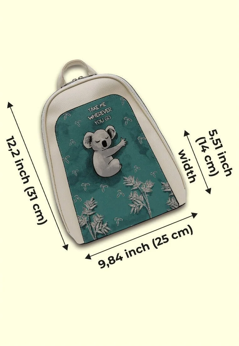 Women Vegan Leather Cream Backpack - Koala Hug Design
