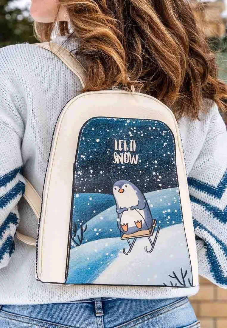 Women Vegan Leather Cream Backpack - Let it Snow Design