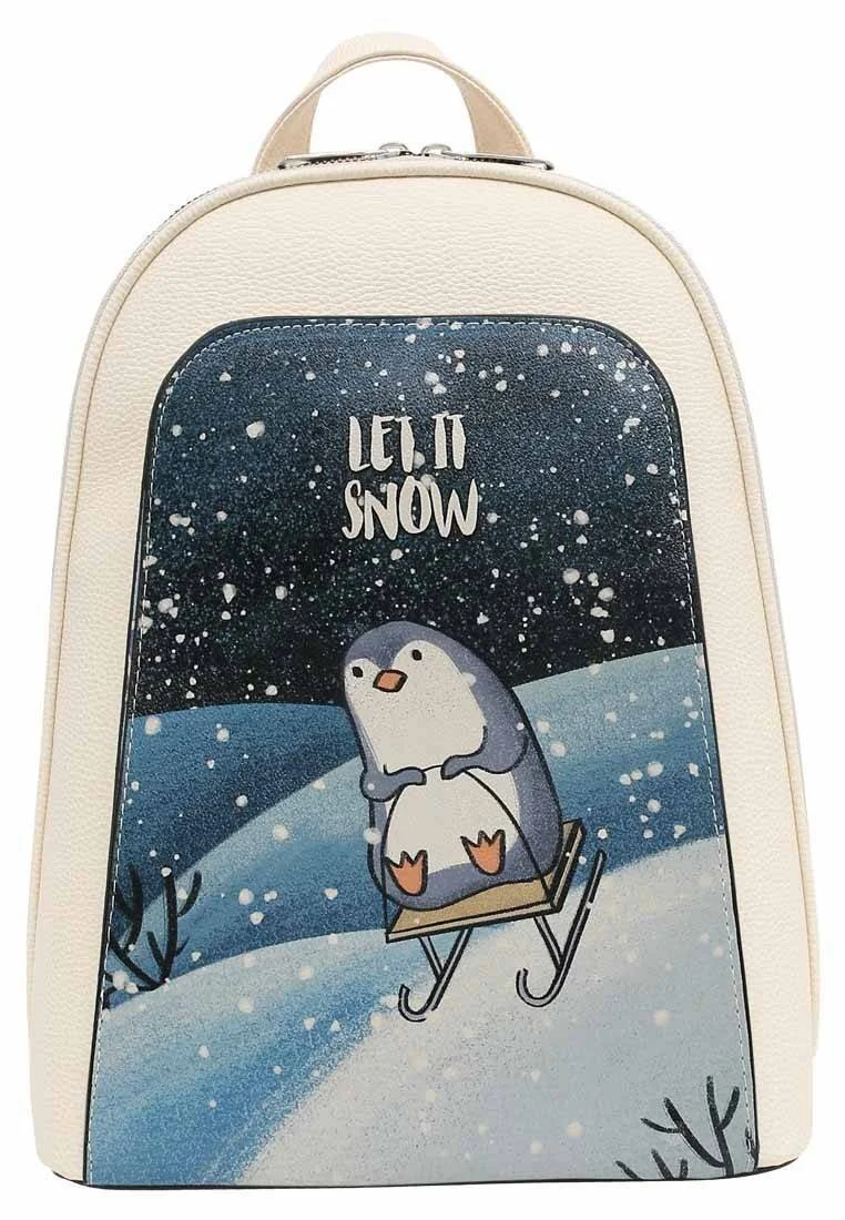 Women Vegan Leather Cream Backpack - Let it Snow Design