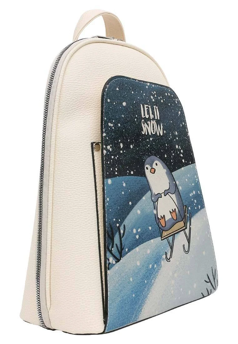 Women Vegan Leather Cream Backpack - Let it Snow Design