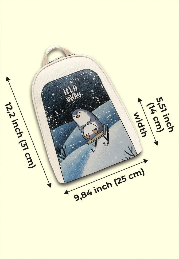 Women Vegan Leather Cream Backpack - Let it Snow Design