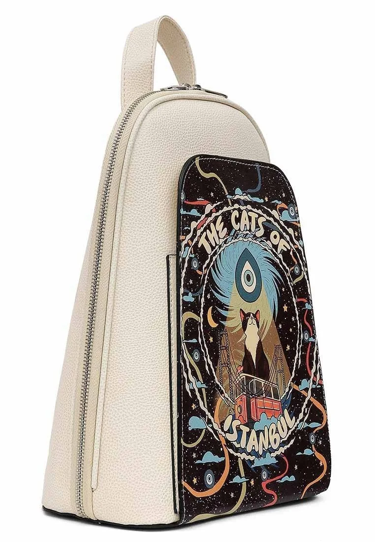 Women Vegan Leather Cream Backpack - The Cats of Istanbul Design