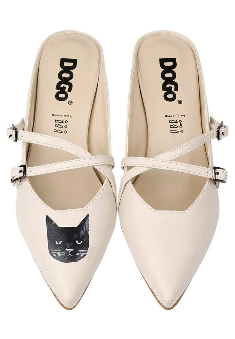Women Vegan Leather Cream Heeled Sandals - Whiskers and Purrs Design