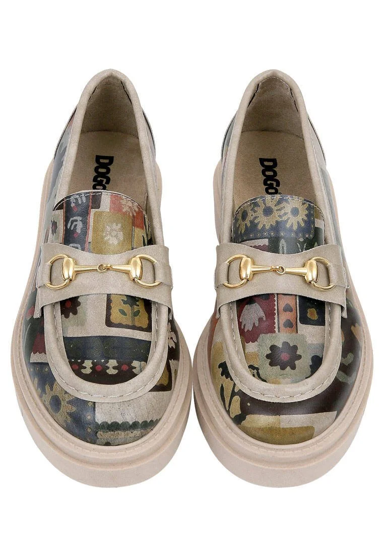 Women Vegan Leather Cream Loafers - Anatolian Patterns Design