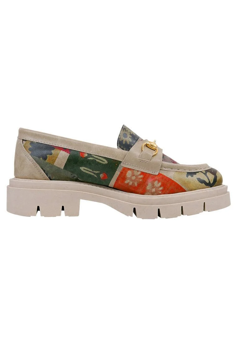 Women Vegan Leather Cream Loafers - Anatolian Patterns Design
