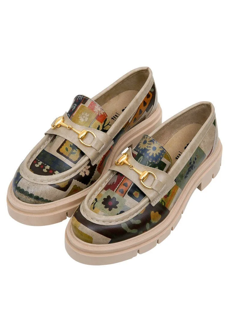 Dogo - Women Vegan Leather Cream Loafers - Anatolian Patterns Design