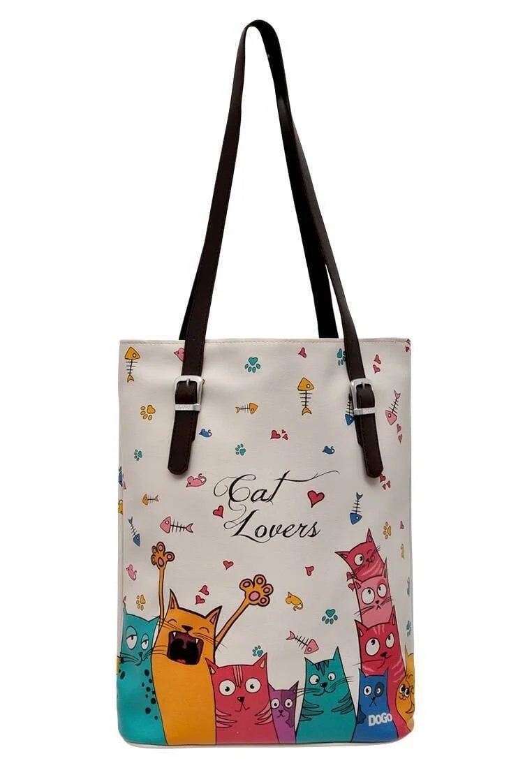 Women Vegan Leather Cream Shoulder Bag - Cat Lovers Design