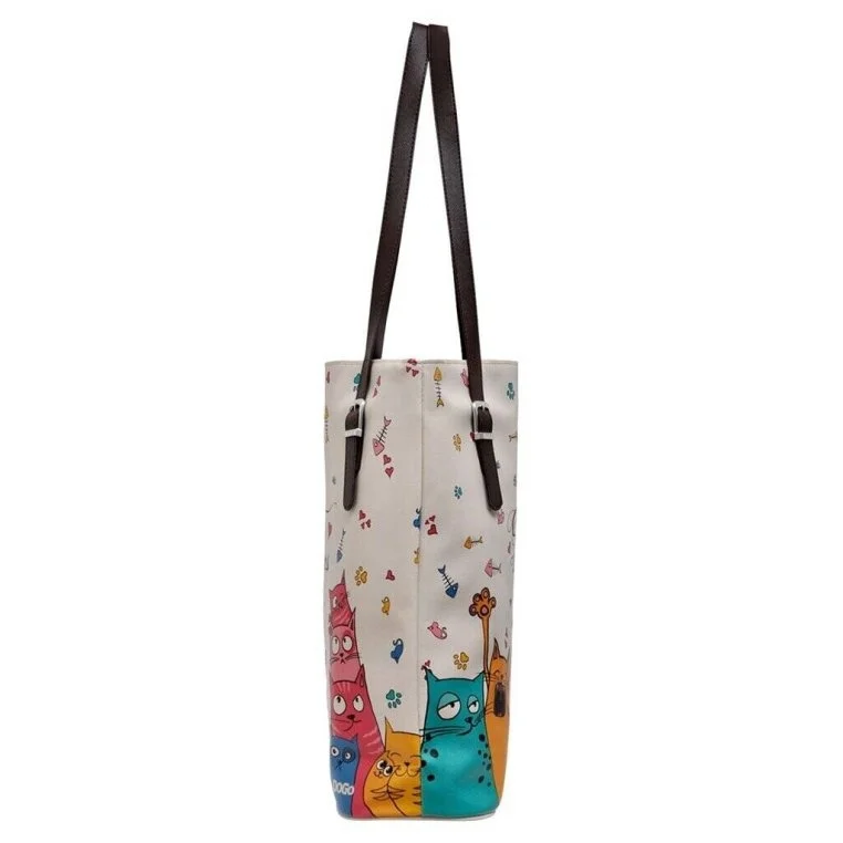 Women Vegan Leather Cream Shoulder Bag - Cat Lovers Design