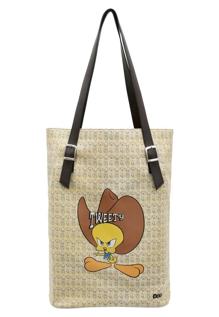Women Vegan Leather Cream Shoulder Bag - Warner Bros Tweety Moods Design
