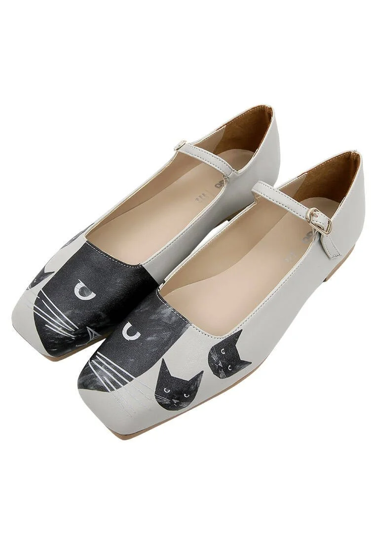 Women Vegan Leather Gray Ballerinas - The Many Faces of a Cat Design